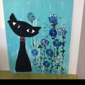 Original signed Mid century style pebble Cat mixed-media
